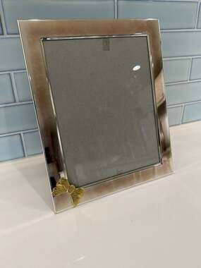 Silver Brushed Chrome Picture Frame with Gold Tone Bow Motif 8x10